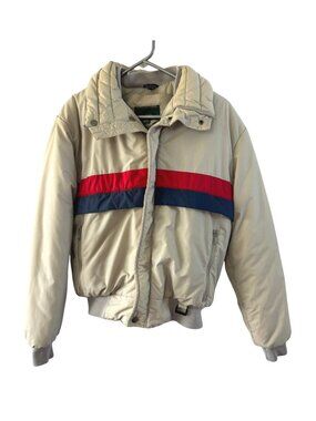 Quail Run Vintage Puffer Coat – Beige with Red and Navy Stripe – Size Medium